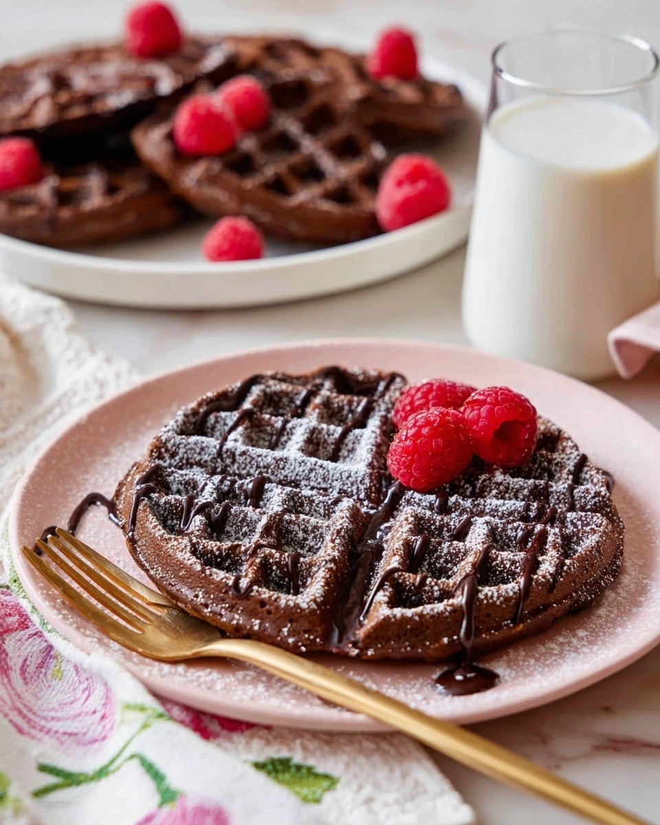 A close-up view of a single dark brown chocolate waffle on a pale pink plate, topped with a light dusting of powdered sugar and drizzled with rich chocolate syrup in thin lines. Two bright red raspberries sit on the right side of the waffle. To the left of the plate is a golden fork resting on a white cloth with a floral pattern. In the background, there is a white plate filled with multiple chocolate waffles scattered with powdered sugar and topped with fresh raspberries. A glass of creamy milk sits next to the foreground plate, all placed on a white marbled surface. Photo taken with an iphone --ar 4:5 --v 7