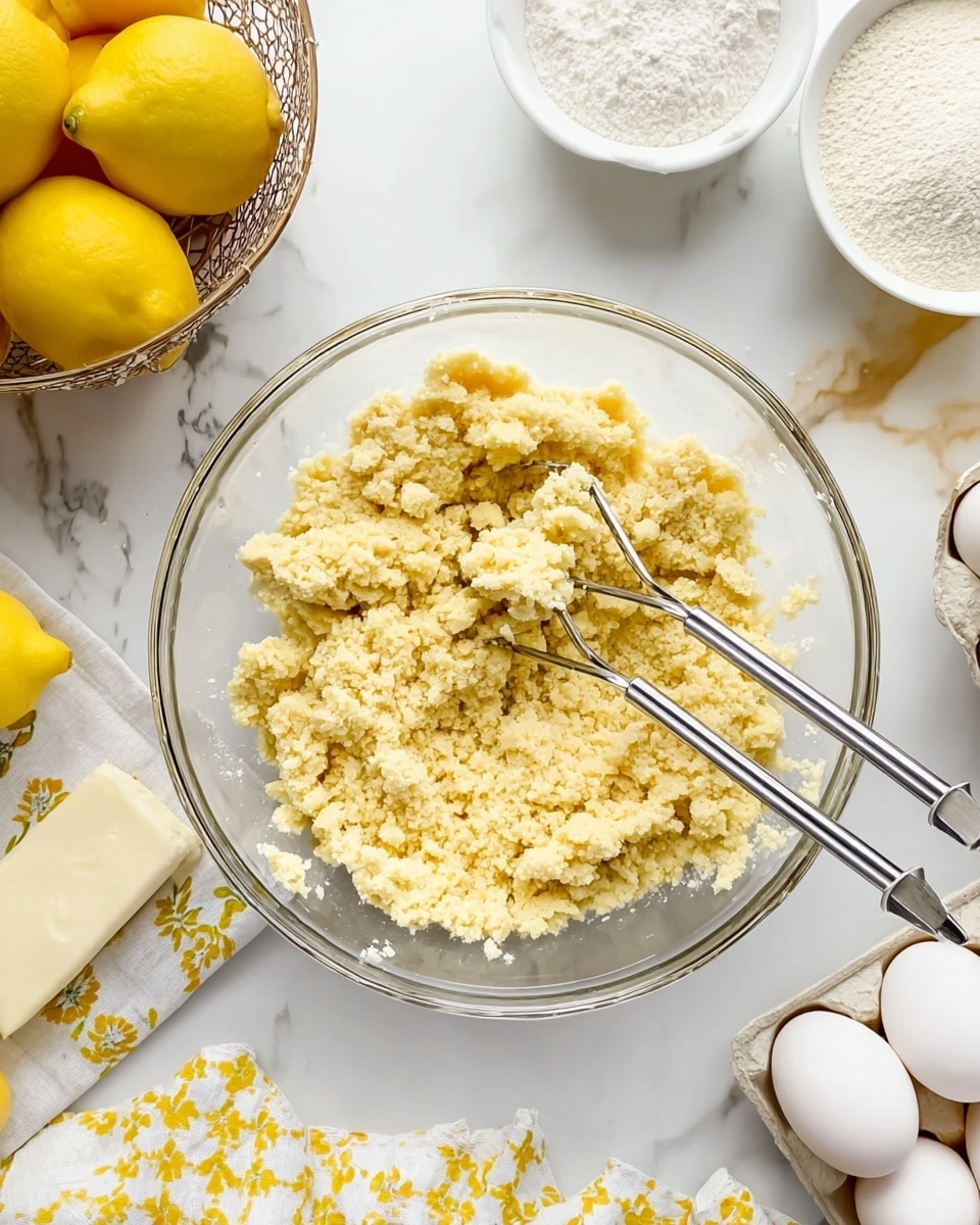 A clear glass bowl filled with a crumbly, pale yellow dough mixture sits on a white marbled surface. Two metal beaters rest inside the dough, showing soft, dense texture with small lumps. Around the bowl, there is a basket of bright yellow lemons to the upper left, a white bowl filled with powdered sugar to the upper right, a white patterned cloth with yellow designs beside a white butter stick on the left, and a carton holding four white eggs on the lower right corner. The scene is bright and clean, with everything arranged neatly. photo taken with an iphone --ar 4:5 --v 7