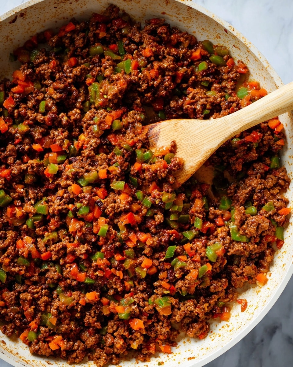 A close-up view of a large white pan filled with a colorful mix of cooked ground meat and finely chopped vegetables. The dish has a rich mix of dark brown meat bits combined with small diced green, red, and orange peppers, creating a textured and vibrant look. A light wooden spatula is partially visible in the pan, stirring the mixture. The colors are warm and the texture looks soft but with small chunks from the vegetables and meat, all against the white marbled texture background. photo taken with an iphone --ar 4:5 --v 7