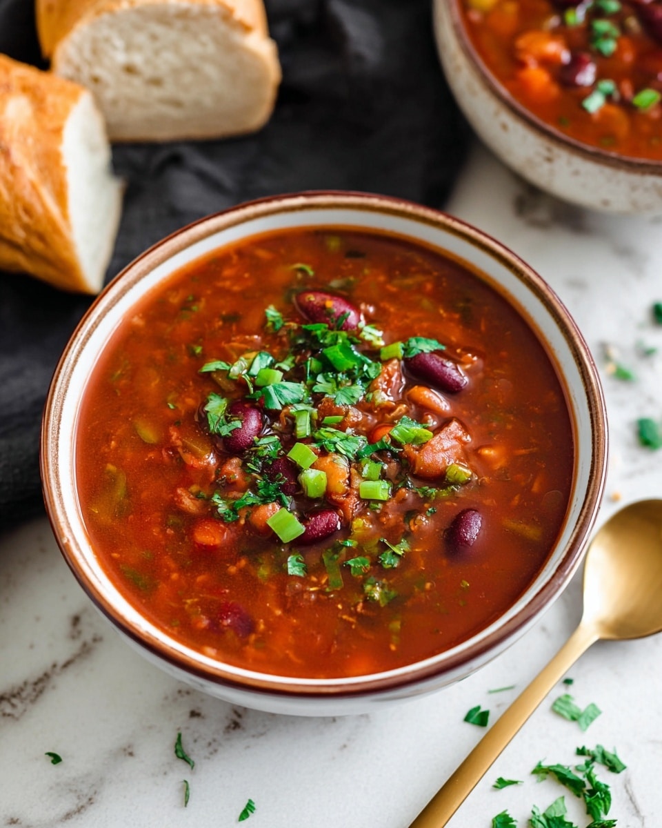 The image shows a bowl of thick red soup filled with mixed beans and small chunks of vegetables, topped with chopped green onions and fresh cilantro. The soup has a rich red color with visible kidney beans and some cooked meat bits. The bowl is white with a brown rim, placed on a white marbled surface. Behind the bowl, there are two pieces of light brown bread, and a gold spoon with chopsticks lies nearby. Some chopped herbs are seen on the edge of the frame, adding to the fresh look. photo taken with an iphone --ar 4:5 --v 7