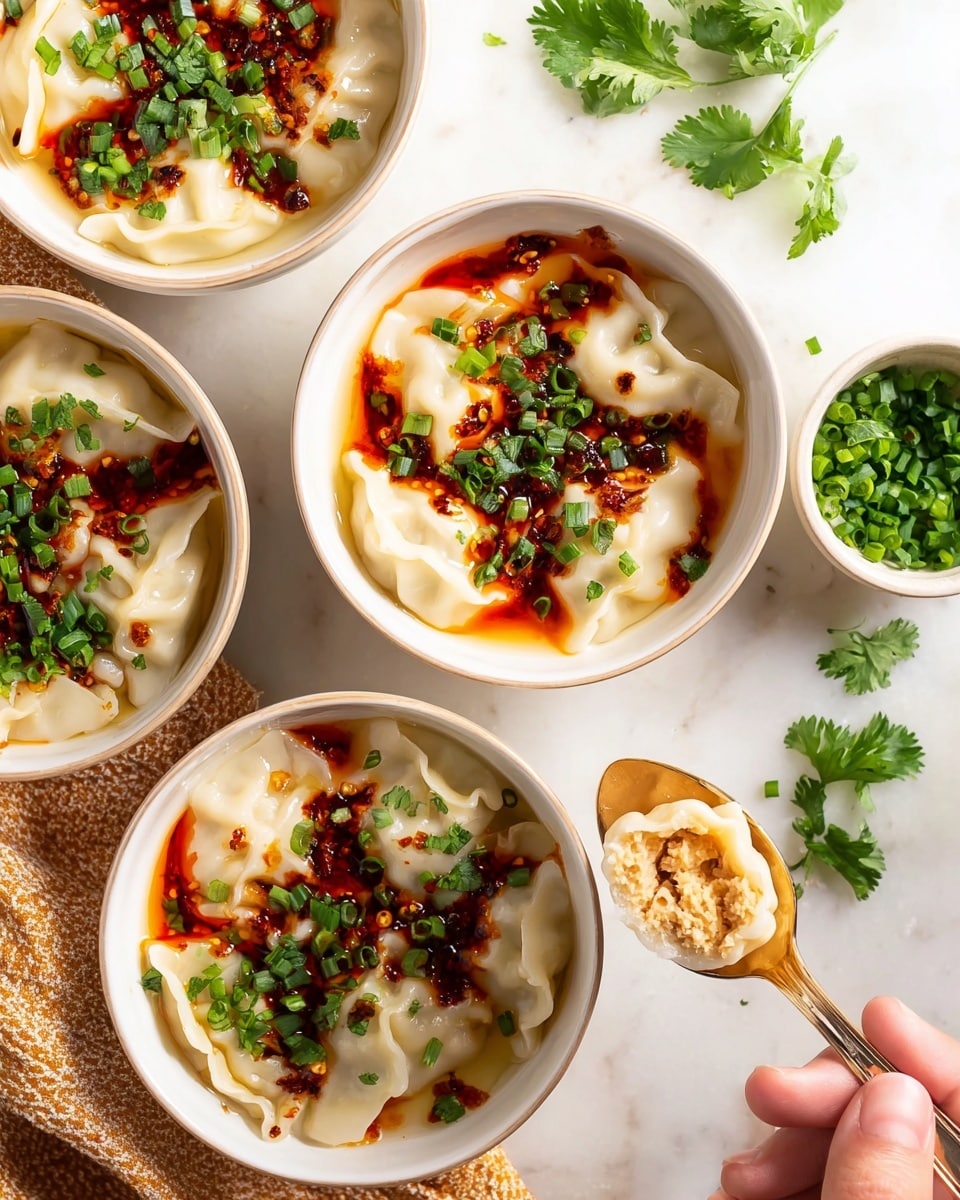 The image shows four white bowls filled with soft, white dumplings that have smooth and slightly folded surfaces. Each dumpling is topped with a bright red chili oil sauce and garnished with fresh green herbs, such as chopped chives and cilantro leaves, scattered on top. One woman’s hand holds a spoon near the bottom right, lifting a dumpling spoonful showing its light brown, textured filling inside. The bowls are placed on a white marbled surface with extra herbs scattered around and a small white dish filled with green chopped chives near the top right corner. The overall scene is bright and fresh, emphasizing the soft dumpling texture and the vibrant colors of the sauce and herbs. photo taken with an iphone --ar 4:5 --v 7