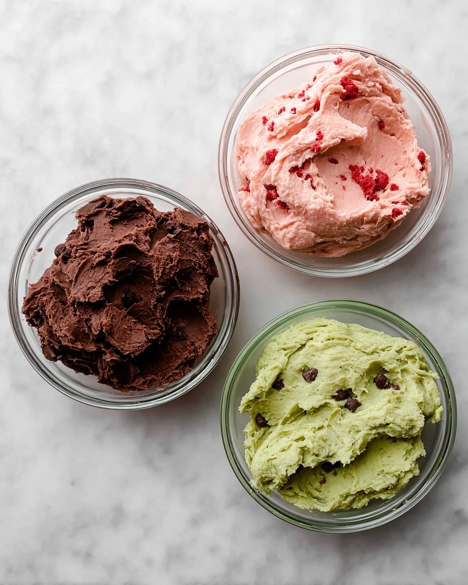 Three glass bowls sit on a white marbled surface, each filled with a different dough. The top right bowl holds pink dough with small red chunks scattered throughout, showing a soft and slightly rough texture. The bowl on the left contains dark brown dough with visible chocolate pieces, looking rich and dense with a slightly uneven surface. The bottom right bowl has green dough with some darker green flecks, its texture is smooth but with small cracks and folds. The bowls are arranged in a loose triangle pattern. photo taken with an iphone --ar 4:5 --v 7