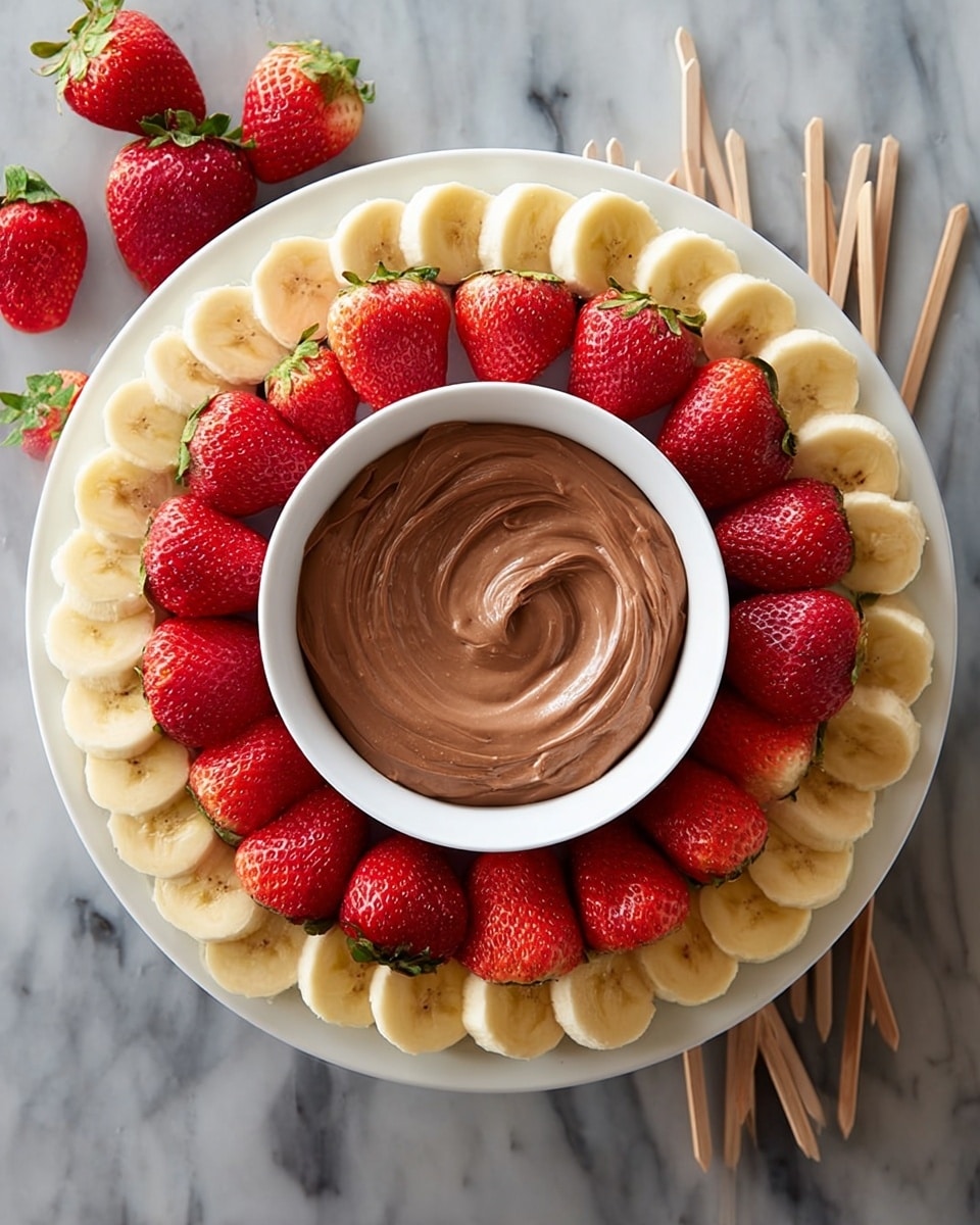 The image shows a white plate with one layer of banana slices and whole strawberries arranged in a ring near the edge. The banana slices are creamy yellow and smooth, while the strawberries are bright red with green leaves. On top, in the middle of the plate, is a white bowl filled with one layer of brown chocolate spread with a creamy, smooth, and swirled texture. Around the plate, there are a few loose whole strawberries and seven wooden skewers at the top on a white marbled surface. Photo taken with an iphone --ar 4:5 --v 7