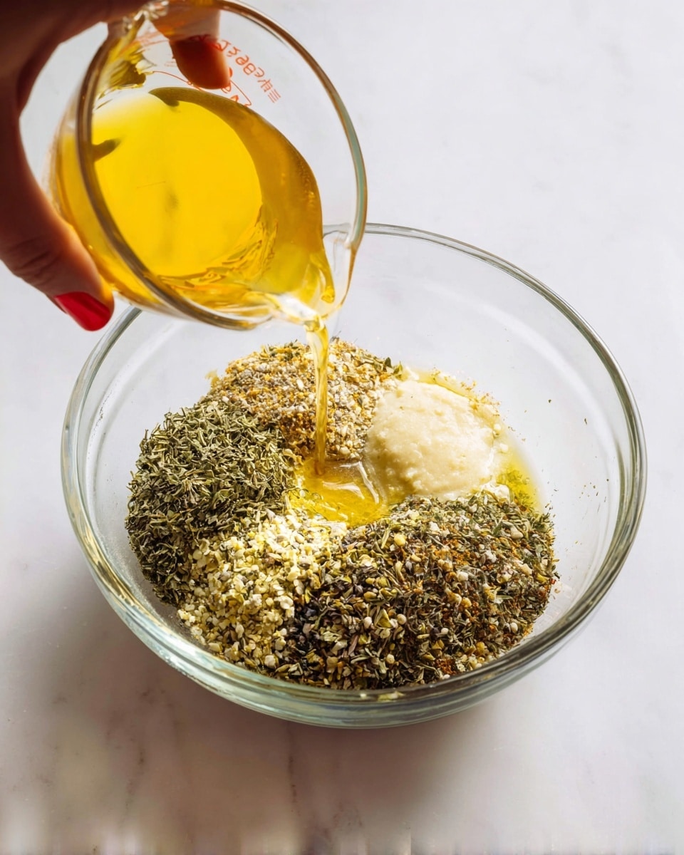 A clear glass bowl sits on a white marbled surface filled with six different layered ingredients arranged in sections: a large portion of dried green herbs at the bottom left and top right, a small heap of finely crushed black pepper and brown herbs at the middle left, a pale creamy garlic paste in the center, and a golden yellow liquid on the right side. A woman's hand with red nail polish pours more of the same golden liquid from a clear glass measuring cup into the bowl, creating a slight shine on the ingredients. photo taken with an iphone --ar 4:5 --v 7