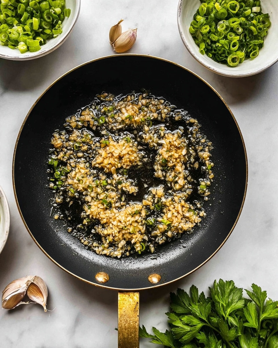 A black pan with a golden handle holds one layer of finely chopped garlic cooking in bubbling oil, turning light golden brown; around the pan on a white marbled surface are three garlic cloves and some fresh green parsley leaves arranged neatly; near the top right and bottom left corners, two white bowls contain layers of finely chopped parsley and sliced green onions, both bright green and fresh in texture. photo taken with an iphone --ar 4:5 --v 7