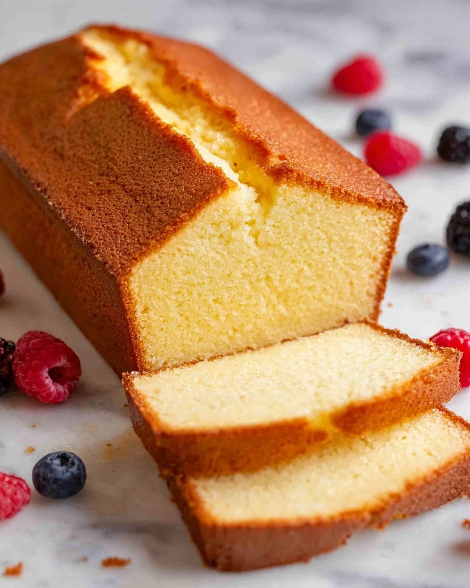A loaf of yellow pound cake with a golden brown crust is shown on a white marbled surface. The cake has three visible layers: the outer crust which is a warm brown color with a slight cracked texture on top, the inside layer which is a light yellow soft crumb, and two evenly cut slices placed in front of the loaf. Scattered around the cake on the white marbled surface are some red raspberries, blueberries, and blackberries, adding pops of red, blue, and black colors. photo taken with an iphone --ar 4:5 --v 7