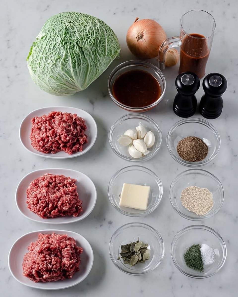 The image shows a white marbled surface with cooking ingredients arranged neatly in rows. In the front row, there are two white plates each holding ground meat, one is lighter and the other is darker red. To the right, small clear bowls contain various spices, an onion, peeled garlic cloves, a stick of butter, and small portions of herbs and grains. Behind the plates, there is a large head of green cabbage, two whole onions, and two tall containers, one filled with dark brown liquid and the other with a thick red sauce. Next to these items are black and wooden salt and pepper shakers. The layout is clean and organized to show all components clearly. photo taken with an iphone --ar 4:5 --v 7