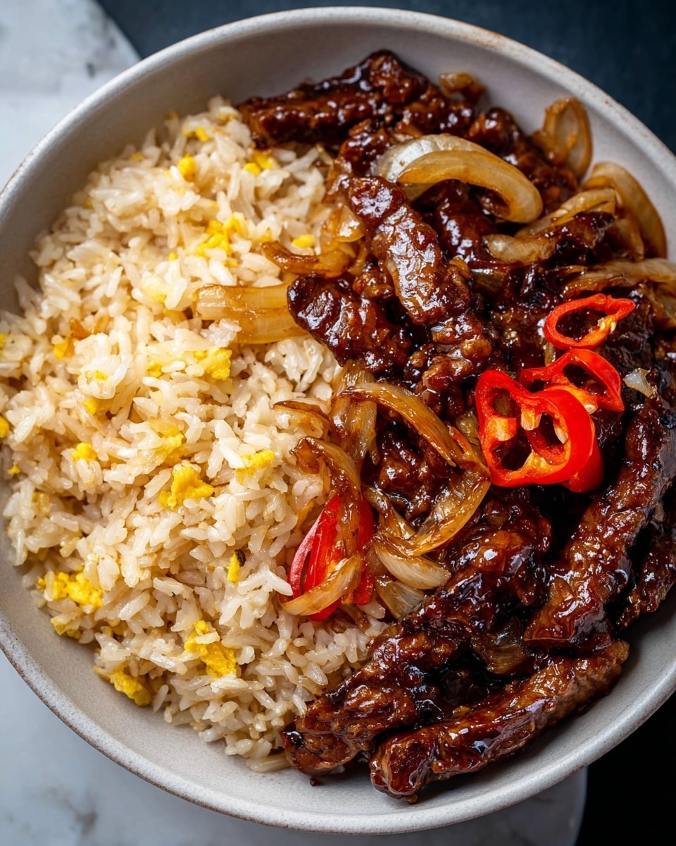 A white bowl filled with two main layers: on the left side, light beige fried rice with small yellow egg bits, showing a soft and fluffy texture; on the right side, dark brown glazed meat strips mixed with shiny, translucent cooked onion slices and bright red chili pepper slices, giving a glossy, sticky look. The bowl sits on a white marbled texture surface. photo taken with an iphone --ar 4:5 --v 7