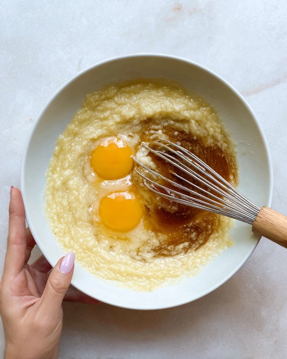 A white bowl on a white marbled surface holds soft mashed bananas in a light yellow color covering about half the bowl. On top of the bananas, two cracked raw eggs with bright yellow yolks and clear egg whites sit side by side on the right. Dark brown vanilla extract pools near the bananas blending into the eggs. A silver whisk with a wooden handle is being held by a woman's hand with light pink nails, ready to mix the ingredients. photo taken with an iphone --ar 4:5 --v 7