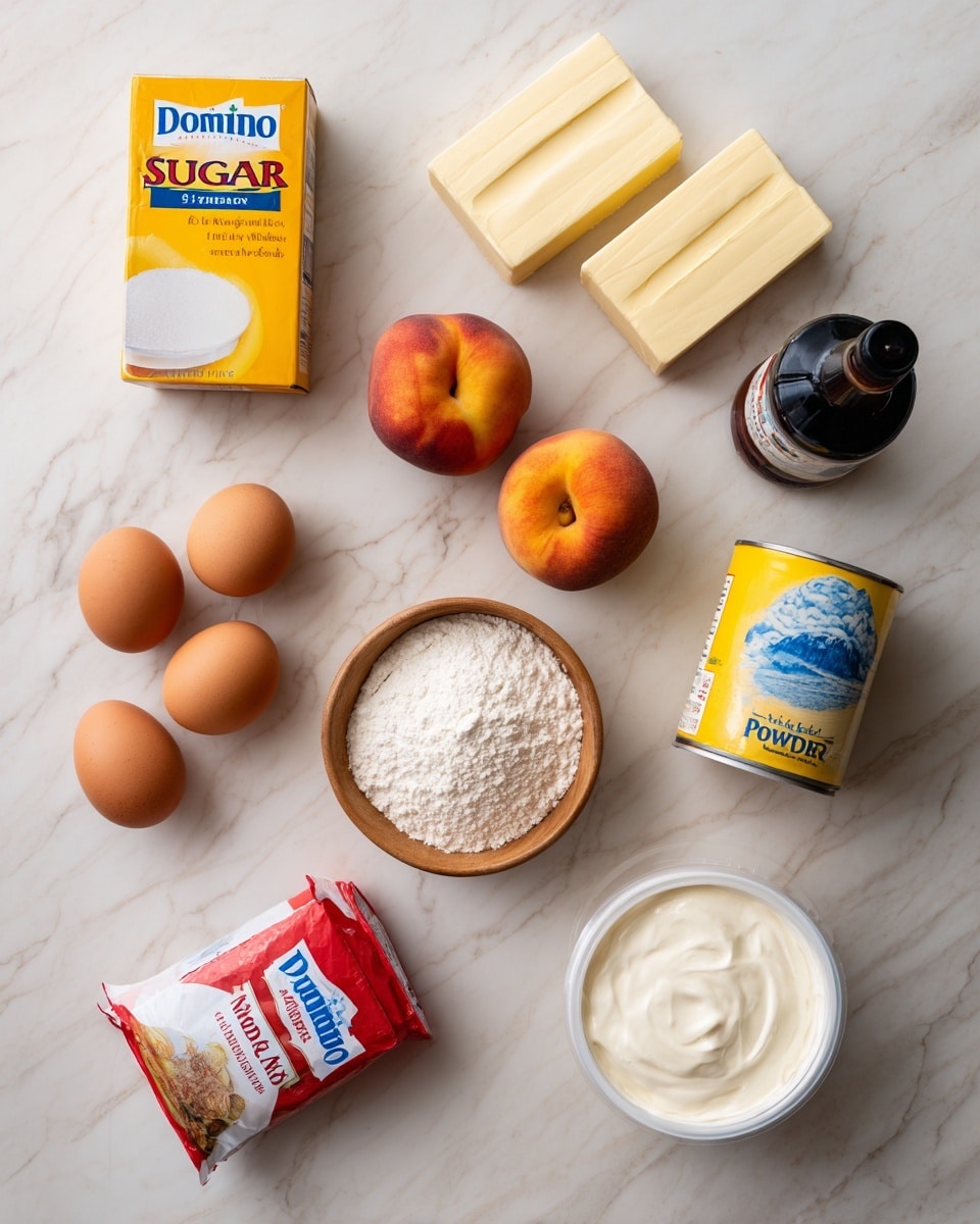 The image shows a white marbled surface with nine baking ingredients neatly arranged in three rows. In the top row from left to right are a yellow box of Domino sugar, two sticks of butter stacked on each other, and three whole peaches placed together. The middle row features a bottle of vanilla extract on the left, a small wooden bowl of salt in the center, and a yellow can of baking powder on the right. The bottom row displays a red and white bag of King Arthur all-purpose flour on the left, two brown eggs side by side in the middle, and a white container of Daisy sour cream on the right. Each item is clearly labeled above it. Photo taken with an iphone --ar 4:5 --v 7