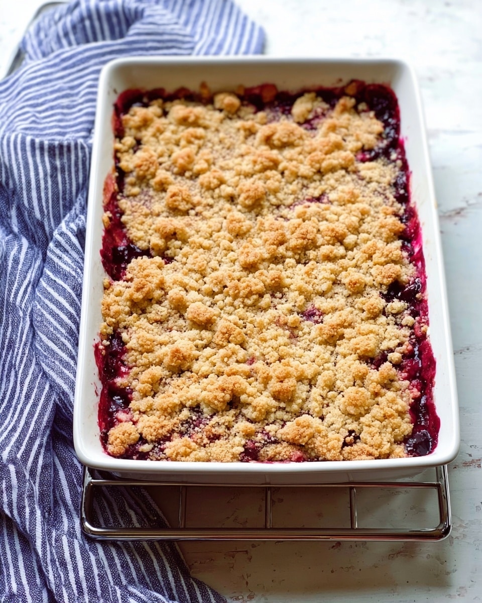 A white rectangular baking dish holds a freshly baked crumble dessert with two visible layers. The bottom layer is a deep purple-red fruit filling that peeks through uneven gaps in the golden-brown, crumbly topping. The top layer consists of irregular chunks and small clumps with a coarse, crunchy texture, spread thickly across the dish. The dish rests on a silver cooling rack set on a white marbled surface, and a blue and white striped cloth is draped casually nearby. photo taken with an iphone --ar 4:5 --v 7