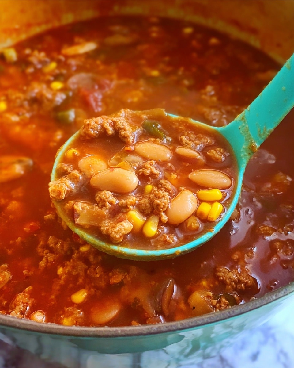 A close-up shows a bright turquoise ladle lifting a thick, chunky soup from a pot filled with the same soup. The soup has a rich, reddish-brown broth with visible layers of cooked ground meat, yellow corn kernels, white beans, and sliced mushrooms scattered throughout. The textures include soft ground meat clumps, tender corn, and smooth bean pieces, all floating in the glossy, warm broth. The pot beneath the ladle is filled with more of the same vibrant and hearty soup on a white marbled surface. photo taken with an iphone --ar 4:5 --v 7