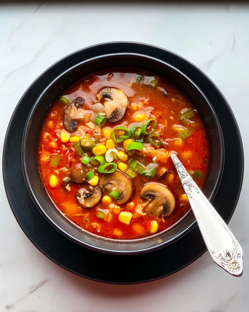 A black bowl filled with warm orange-red soup sits on a white plate with a soft shiny surface, all on a white marbled texture. The soup looks thick and has visible small pieces of yellow corn, light brown sliced mushrooms, and small green onion pieces sprinkled on top, adding a fresh touch. A spoon with a white handle rests inside the bowl, angled to the right. Soft light from a window shines on the bowl, making the soup look fresh and inviting. Photo taken with an iphone --ar 4:5 --v 7