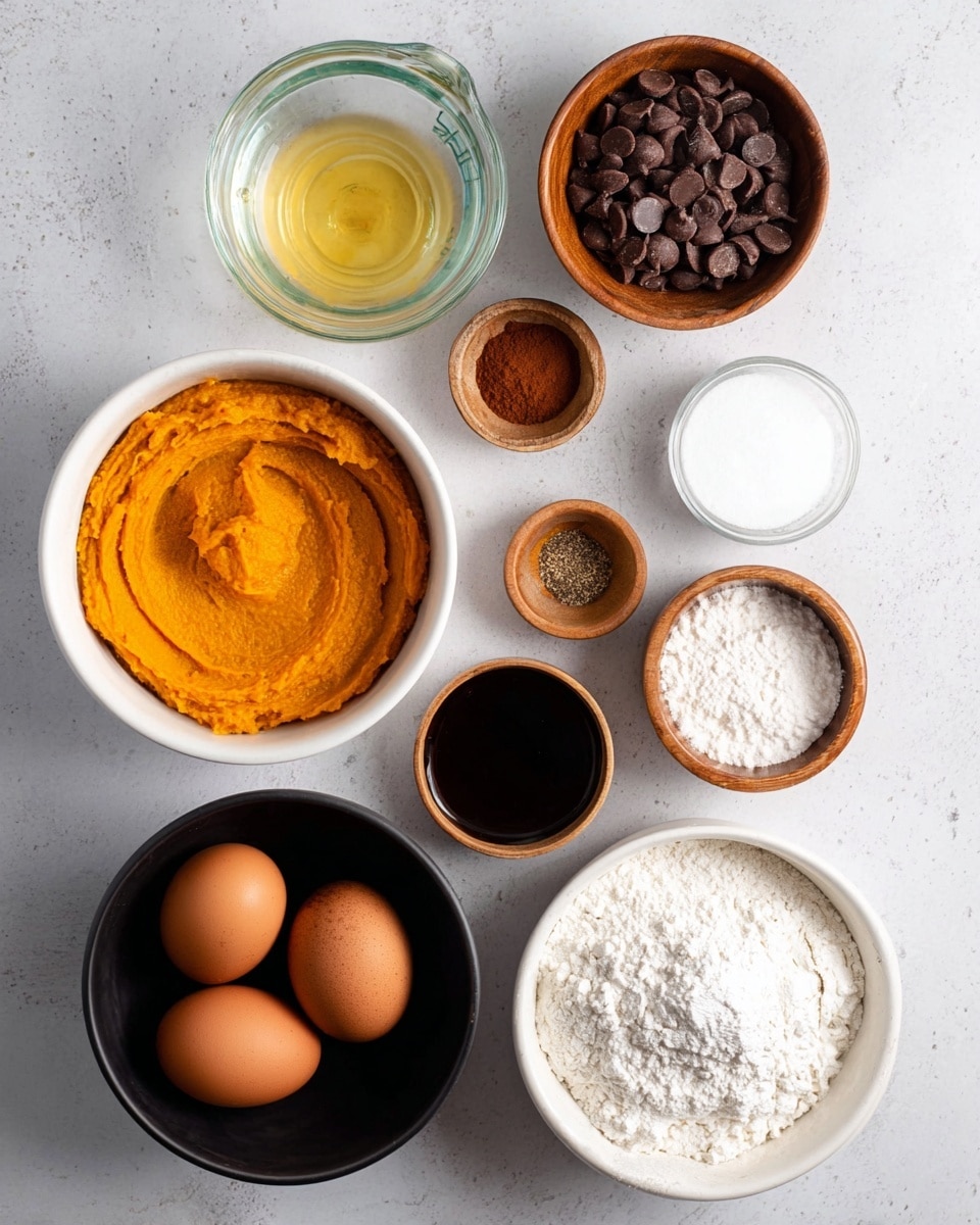 The image shows a top view of ingredients placed on a white marbled surface, arranged in a loose circle. There is one white bowl filled with a bright orange smooth pumpkin puree in the center. Clockwise from the top, a clear glass measuring cup with water, a wooden bowl with dark brown chocolate chips, a small wooden bowl with brown, white, and salt spices, and a small wooden bowl with dark liquid vanilla extract are next. At the bottom right, a white bowl holds white granulated sugar. Bottom left has a white bowl filled with white flour. A black bowl to the left holds two brown eggs, and above it is a white bowl with golden melted butter. photo taken with an iphone --ar 4:5 --v 7