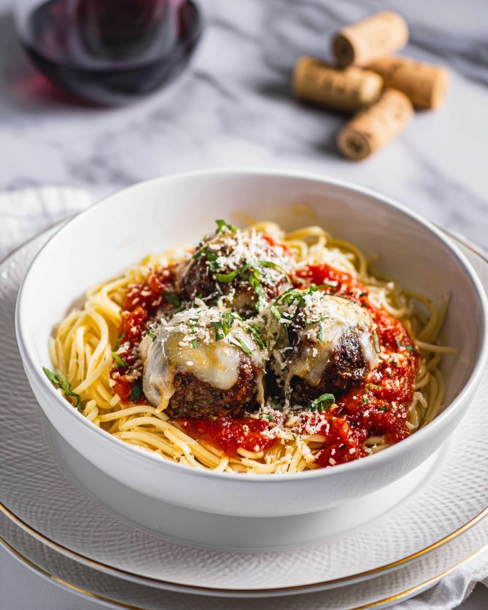 A white bowl filled with a serving of thin, light yellow spaghetti noodles forms the base layer. On top of the noodles, there are five round dark brown meatballs covered in melted, light beige cheese. Scattered around the meatballs is a rich red tomato sauce with visible chunks of tomato. Sprinkled softly over the dish is a light dusting of grated white cheese and small pieces of fresh green basil. The bowl sits on two white plates with simple, subtle patterns around their edges. The whole setup is placed on a white marbled surface with three wine corks and a glass of dark red wine blurred in the background. Photo taken with an iphone --ar 4:5 --v 7