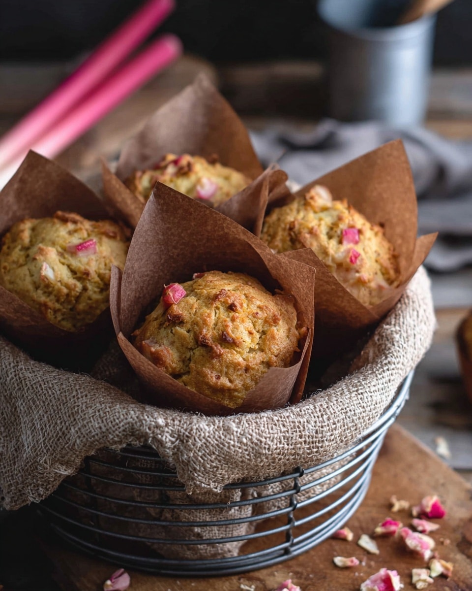 The image shows several muffins wrapped in light brown and dark brown parchment paper, placed inside a metal wire basket lined with a coarse beige burlap cloth. Each muffin has a textured golden-brown top with small bits of pink and white pieces visible, likely fruit or vegetable bits. The basket is set on a wooden surface with a few scattered pink and white bits around it. In the background, there is a blurred small metal container and a pinkish-red stick. The overall look is warm and rustic. photo taken with an iphone --ar 4:5 --v 7