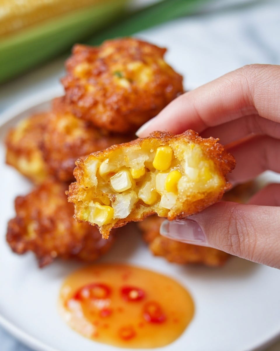 A woman's hand is holding a small, round corn fritter piece that shows three layers: the outer crispy, golden-brown fried surface; the middle soft, pale yellow batter mixed with visible juicy yellow corn kernels; and some white corn kernels embedded inside. In the background, on a white plate placed on a white marbled surface, several similar fritters are stacked, and there is a dollop of orange-colored dipping sauce with red chili bits on the side. Photo taken with an iphone --ar 4:5 --v 7