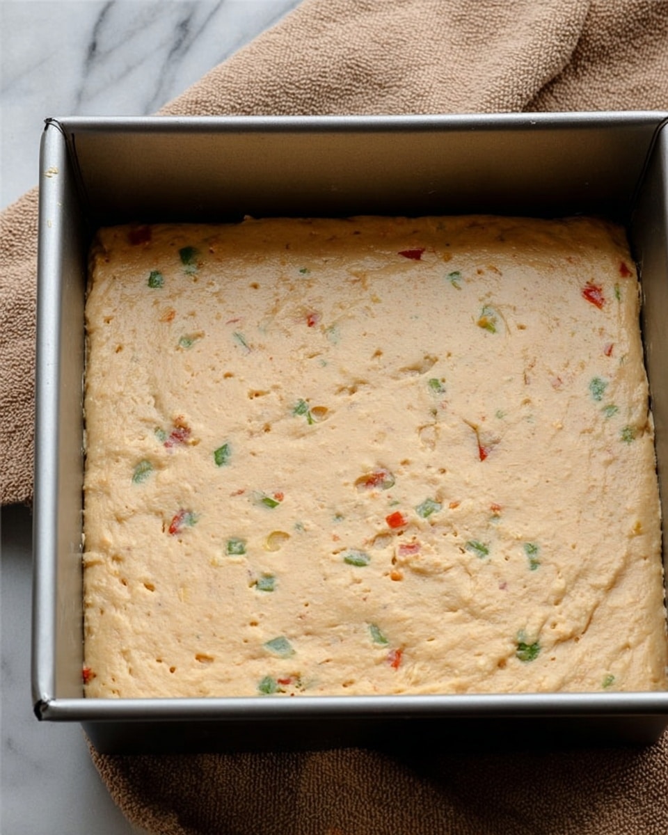 A metal square pan holds an unbaked dough pressed evenly along the bottom and slightly up the sides, forming a crust layer that is light brown with small pieces of green and red vegetables visible throughout. The dough is smooth but shows some texture and slight cracks near the top edges. The pan rests on a light brown textured towel, with a white marbled surface underneath. photo taken with an iphone --ar 4:5 --v 7