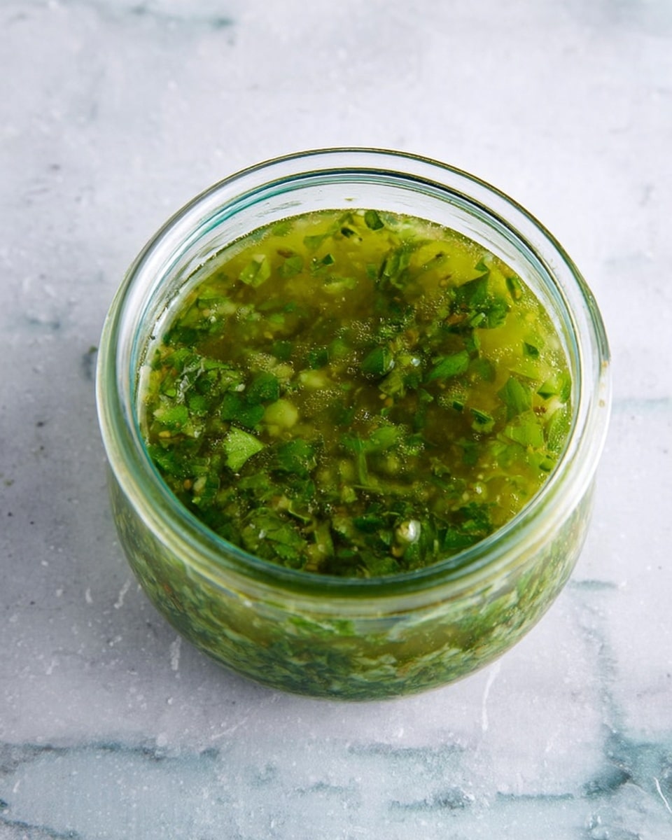 A clear glass jar filled with a green sauce that has visible bits of chopped herbs floating in it, giving it a textured, slightly chunky appearance. The sauce layer is uneven with a mix of light and dark green shades, showing fresh chopped leaves suspended in a thin, oily liquid. The jar rests on a white marbled surface with subtle grey veins, enhancing the fresh look of the sauce. Photo taken with an iphone --ar 4:5 --v 7