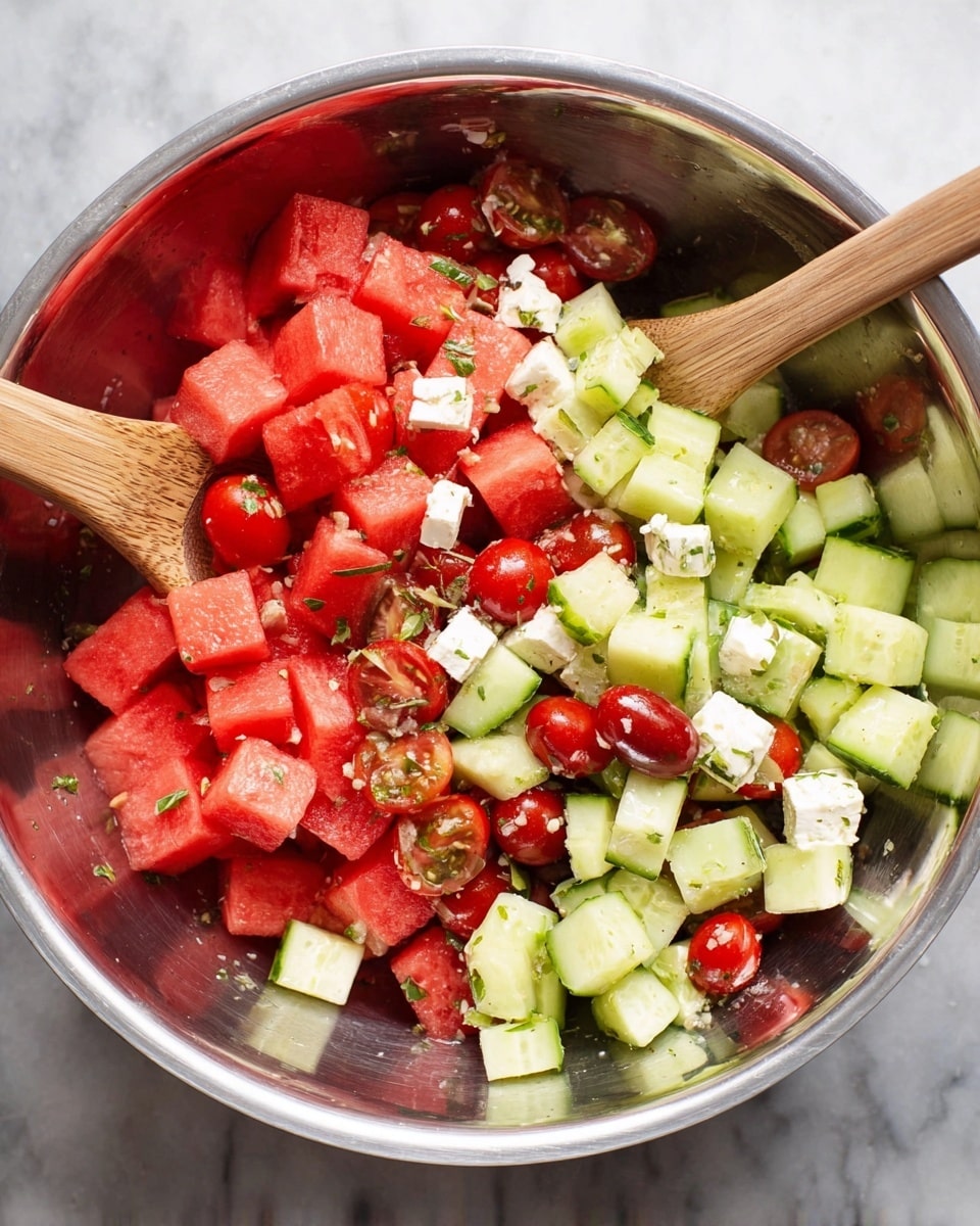 A large shiny metal bowl holds a colorful salad made of three main layers: bright red watermelon cubes, light green cucumber slices, and small white cheese cubes scattered throughout. Mixed in are halved red cherry tomatoes and tiny green bits of herbs sprinkled evenly on top. Two wooden spoons rest in the bowl, one on each side, as if ready to mix the fresh ingredients. The bowl sits on a white marbled surface photo taken with an iphone --ar 4:5 --v 7