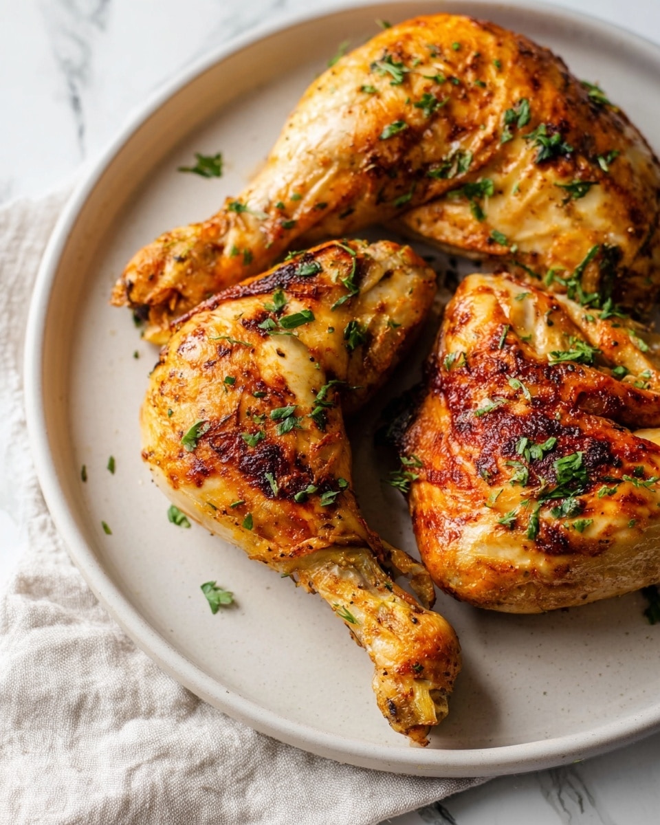The image shows three pieces of cooked chicken on a white plate. The chicken has a golden brown color with some darker crispy spots and is sprinkled with chopped green herbs on top. The chicken pieces include a drumstick and two other larger cuts, all having a slightly shiny and textured surface that shows they are well cooked. The plate sits on a white marbled surface with a light-colored cloth underneath. The overall look is warm and inviting, showing a simple but tasty meal. photo taken with an iphone --ar 4:5 --v 7