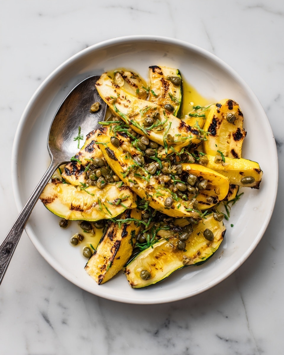 The dish shows a white plate with several grilled yellow squash pieces cut into wedges. The squash pieces are charred on the edges and have a slightly shiny texture from oil or sauce. On top, there are small bits of green herbs and capers scattered all over, adding green and brown color contrast. A metal spoon rests on the left side of the plate. The plate is placed on a white marbled surface. photo taken with an iphone --ar 4:5 --v 7