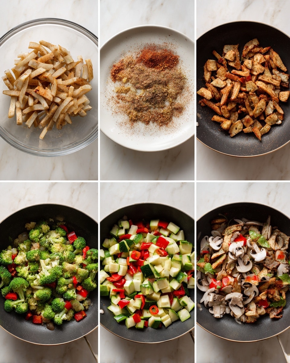 The image shows six steps of cooking a dish with sliced light brown strips of cooked food and mixed vegetables. In the first frame, light beige strips are in a clear glass bowl on a white marbled surface. The second frame shows these strips cooking in a black pan, sprinkled with a light brown powder, resting on the white marbled surface. The third frame has browned and cooked strips piled on a plain white plate over the white marbled surface. The fourth frame shows a black pan filled with raw cut vegetables including green broccoli, red peppers, light green zucchini cubes, and sliced white mushrooms on top, on the white marbled surface. The fifth frame shows the same pan with those vegetables fully cooked and mixed, the colors brighter and softer. The sixth frame combines the browned strips from step three on top of the cooked vegetables in the same pan, creating a colorful mix of light brown, green, red, and white on the white marbled surface. photo taken with an iphone --ar 4:5 --v 7