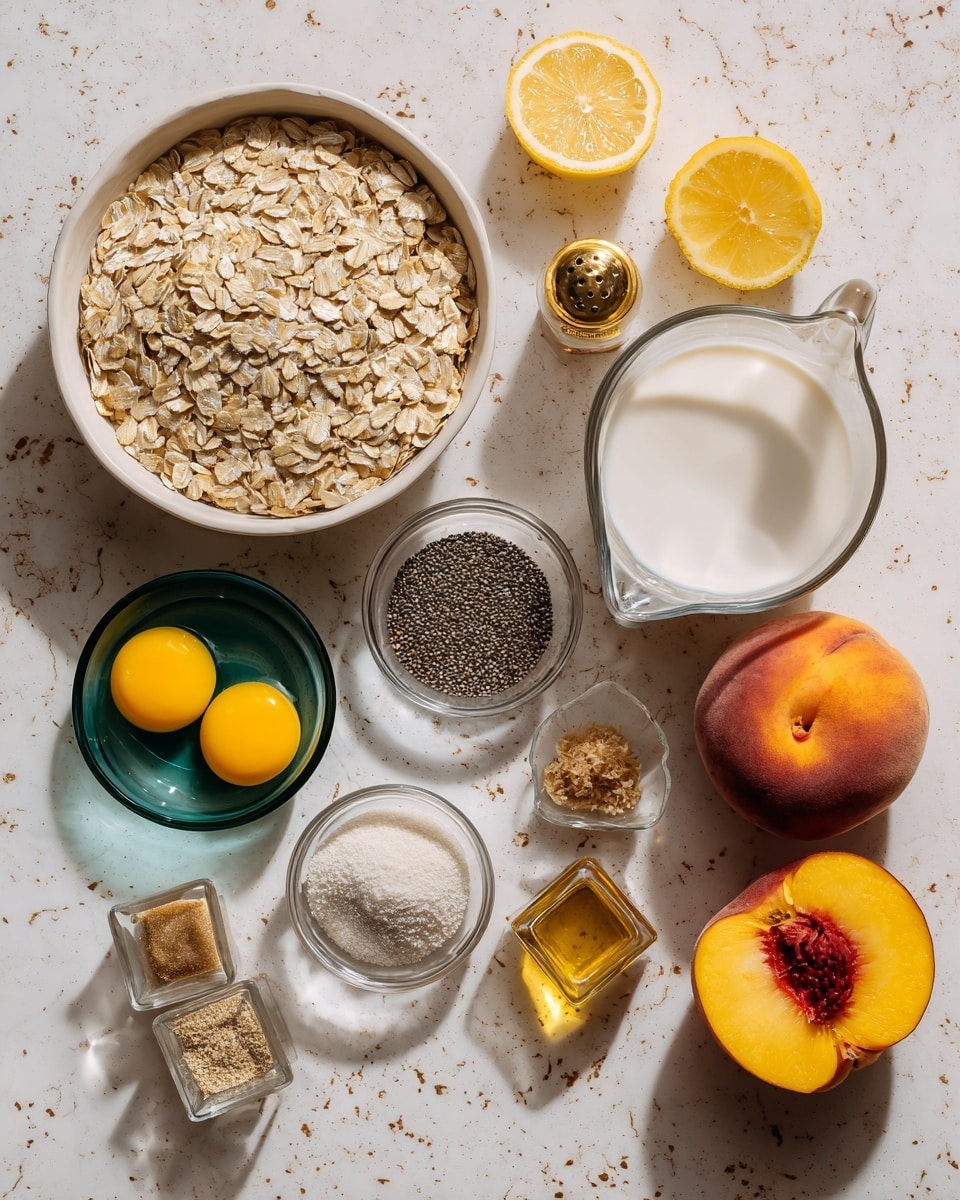 The image shows a top view of several ingredients laid out on a white marbled surface. There is a wide white bowl filled with light brown rolled oats on the left side. Next to it, a small green glass bowl contains two bright yellow egg yolks in clear egg whites. Below this, a small clear glass bowl is filled with tiny black chia seeds, and beside it, another clear bowl holds a mix of brown cinnamon, beige nutmeg, and white salt powders. Two bright yellow lemon halves are placed at the top right corner. A clear measuring cup with white liquid, likely milk, is centered near the bottom, next to a small amber bottle with a gold cap holding vanilla extract. Nearby, a small clear square dish contains brown sugar, and to the right of this, a whole peach and a peach cut in half show orange-pink skin and yellow flesh with a visible pit. The scene is evenly lit with soft shadows. Photo taken with an iphone --ar 4:5 --v 7