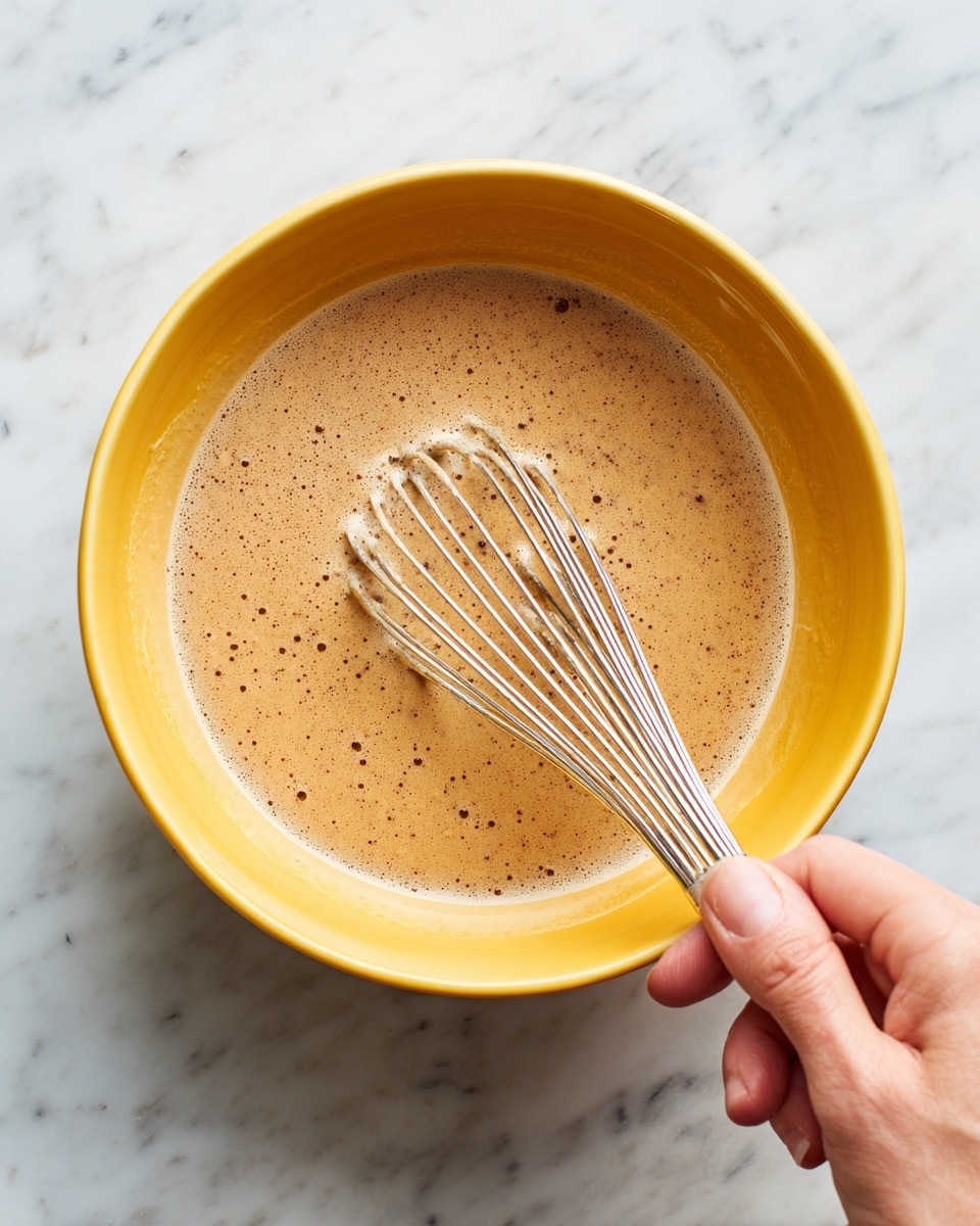 A close-up image of a yellow bowl filled with a thick, light brown mixture that is being stirred with a metal whisk. The mixture has a creamy texture with small bubbles on the surface and darker brown specks scattered throughout. A woman's hand is holding the whisk on the right side of the image, and the bowl is set on a white marbled surface. Photo taken with an iphone --ar 4:5 --v 7