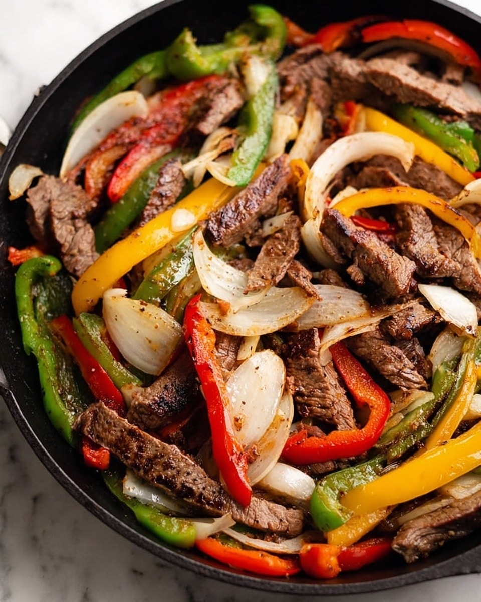 The dish shows a pile of grilled meat strips layered on top of sautéed onion slices and colorful bell pepper strips in green, yellow, red, and orange. The grilled meat is dark brown with char marks. The vegetables underneath have a soft texture with slight charring and are mixed evenly throughout. To the side, there is a small white bowl filled with chunky red salsa, and another white bowl with a creamy green guacamole that has bits of red tomato. A silver fork rests on the bottom left corner of the parchment paper underneath the food. The background is a white marbled surface. photo taken with an iphone --ar 4:5 --v 7