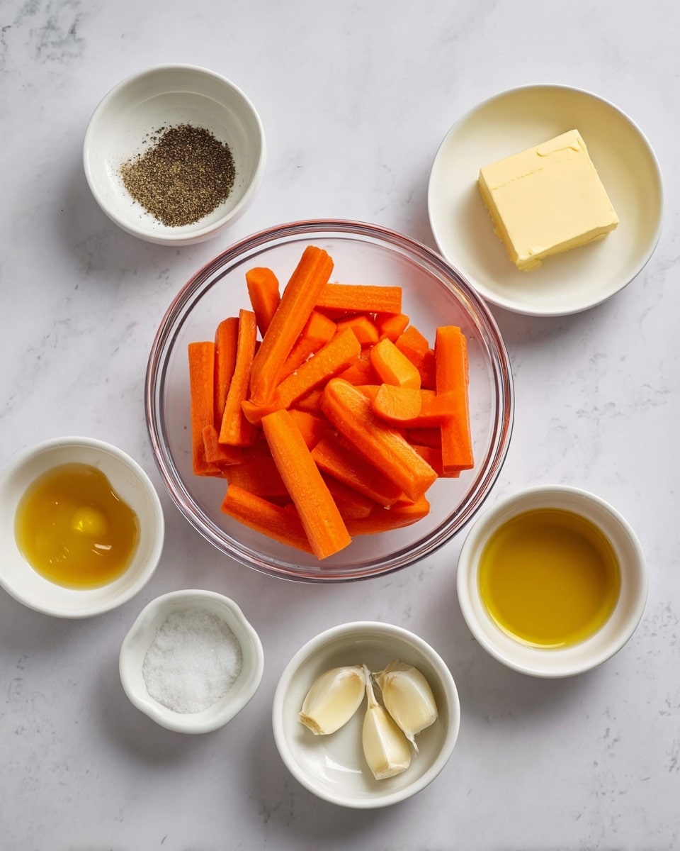 A clear glass bowl filled with bright orange carrot sticks in the center is surrounded by six small white bowls each containing different ingredients. Starting from the top and moving clockwise, there is a bowl with ground black pepper, a bowl with a pale yellow square of butter, a bowl with amber-colored honey, a bowl with white salt, a bowl with yellow olive oil, and a bowl with two peeled garlic cloves. All bowls and the glass bowl are set on a white marbled surface. photo taken with an iphone --ar 4:5 --v 7