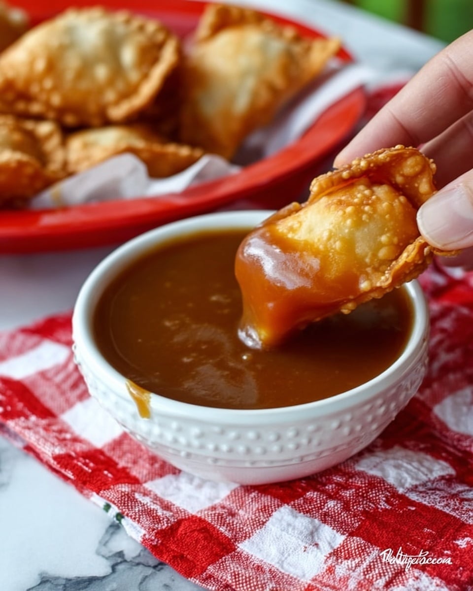 A woman's hand is holding a golden brown fried dumpling with a crispy texture, dipping it into a small white bowl filled with thick, smooth caramel sauce that has a shiny surface. The bowl is placed on a red and white checkered cloth on a white marbled table, and more dumplings are visible nearby on a white plate with a similar golden brown, crispy look. photo taken with an iphone --ar 4:5 --v 7
