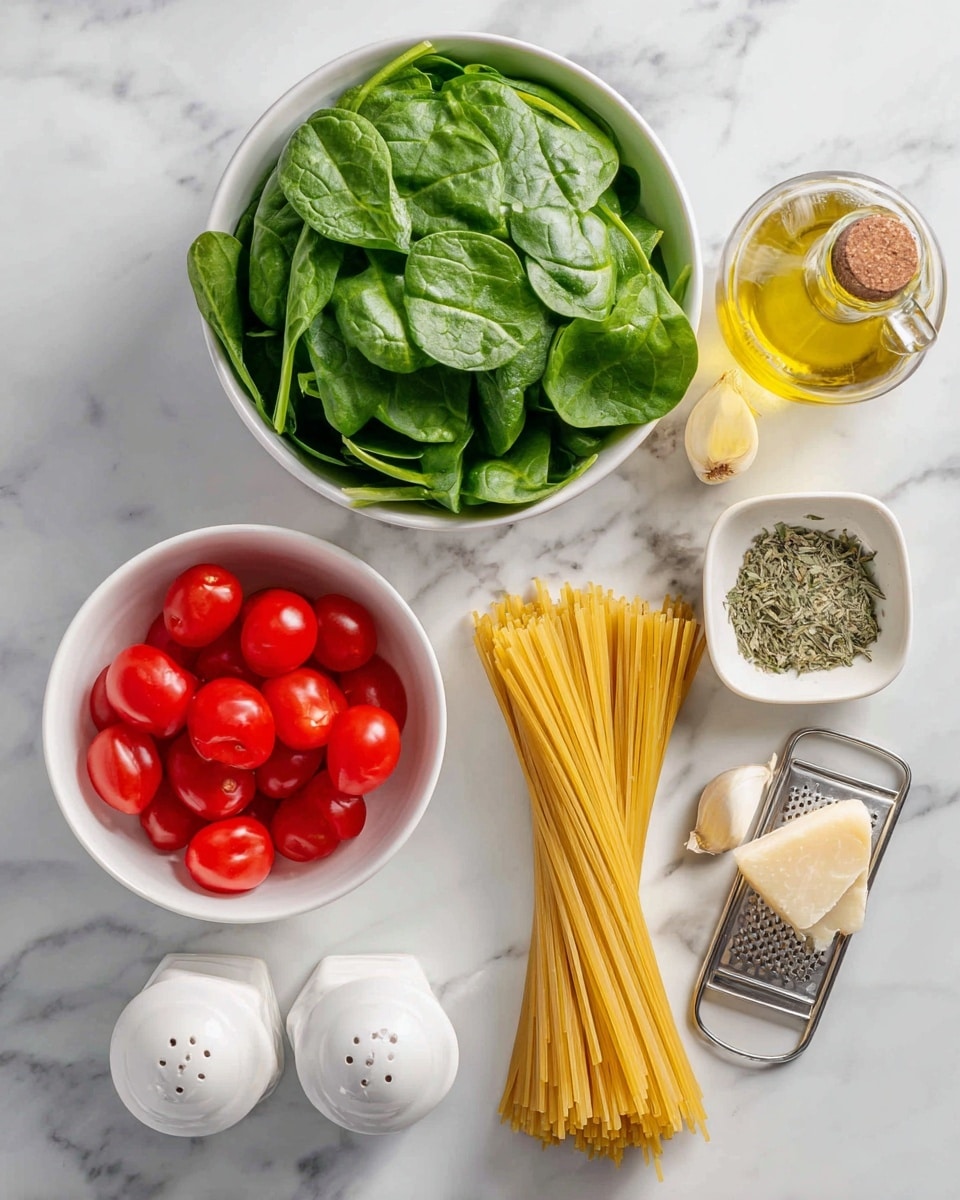 The image shows ingredients for a pasta dish arranged on a white marbled surface. At the top left, a white bowl is full of fresh, bright green spinach leaves. Below it, another white bowl contains shiny red cherry tomatoes. In the center, a bundle of uncooked yellow pasta stands vertically with a small piece of pale yellow parmesan cheese resting on a metal grater beneath it. To the right of the pasta, a small white dish holds dried green basil. Nearby, two cloves of white garlic lay next to the basil dish. Above them, a clear glass bottle of golden olive oil stands next to a pair of white salt and pepper shakers. All the items are clearly labeled with black text in white boxes. photo taken with an iphone --ar 4:5 --v 7