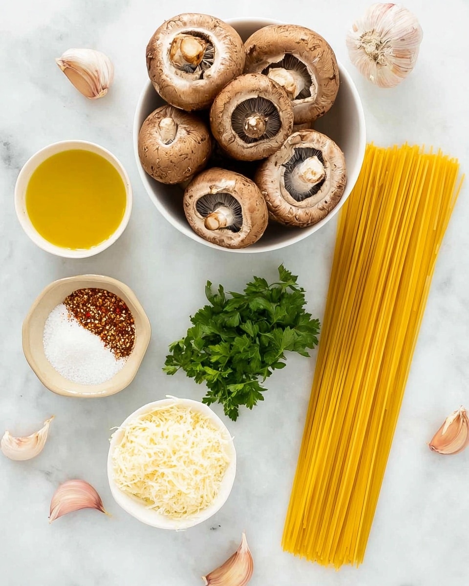 A white bowl at the top center holds many light brown mushrooms with visible dark brown gills. Below the bowl and slightly to the left, there is a small white bowl filled with golden olive oil. Next to it, on the left, a small light beige dish holds a mix of white salt and red spices. In the middle below the oil and salt, a small bunch of fresh green parsley lies on the white marbled surface. To the right of the parsley, a long bundle of uncooked yellow spaghetti lays flat, stretching from the middle right toward the bottom right corner. Near the bottom left, a few garlic cloves with light pinkish skin rest on the surface. On the bottom right corner, a small white bowl contains grated pale yellow cheese. The white marbled surface is clean and bright, providing contrast to all the ingredients. Photo taken with an iphone --ar 4:5 --v 7