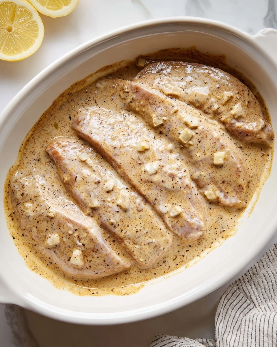In a white oval dish, there are four long pieces of raw meat covered evenly with a thick, creamy sauce that has a light brown color speckled with black pepper and small chunks of garlic. The sauce's smooth texture partially hides the pale pink color of the meat underneath. Part of a lemon cut in half can be seen faintly in the top left corner, placed on a white marbled surface with a soft striped cloth beside the dish photo taken with an iphone --ar 4:5 --v 7