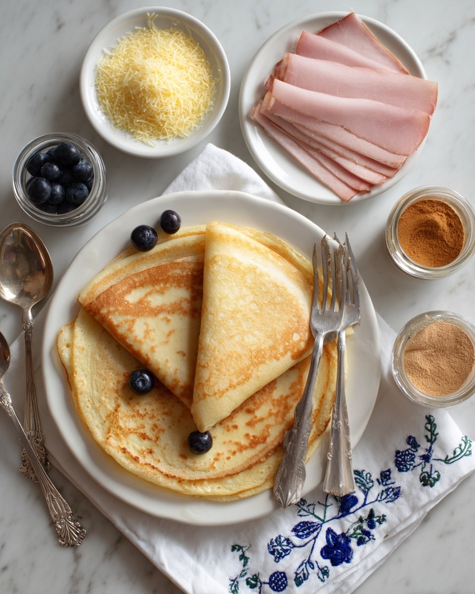 A white plate holds a stack of three light golden pancakes, folded in half and topped with three small dark blueberries. A silver fork is placed diagonally on top of the pancakes, with its prongs resting on one blueberry. Nearby is another white plate filled with two thick slices of pinkish ham next to a small mound of finely grated yellow cheese. Surrounding the plates are five small white bowls and jars containing different spreads and powders in shades of brown, dark brown, light brown, and amber, with metal spoons resting inside or nearby. The whole scene is set on a white marbled surface with a white cloth that has blue embroidered flower and leaf patterns. photo taken with an iphone --ar 4:5 --v 7