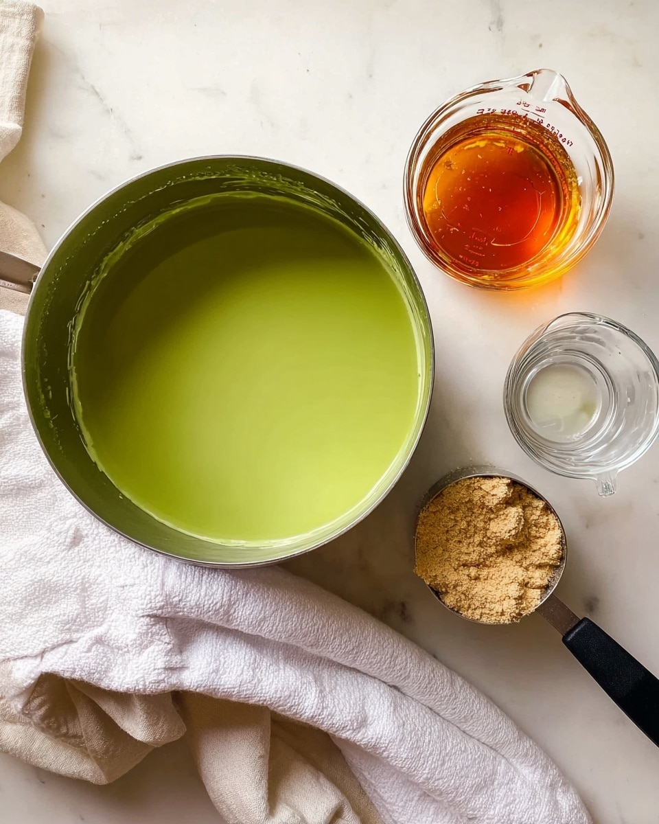 The image shows a large silver pot filled with smooth, bright green liquid, positioned on a white marbled surface. To the right of the pot, there is a clear glass measuring cup containing amber-colored syrup and a small clear empty glass cup below it. Next to these, a metal measuring cup with black handle holds a heap of light brown powder. The items rest on a white cloth folded casually, adding soft texture. The overall setting is bright and clean with neutral tones in the background. photo taken with an iphone --ar 4:5 --v 7