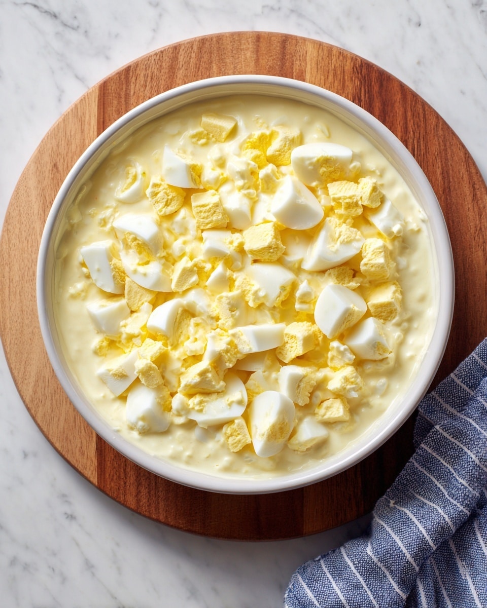 A white bowl filled with a creamy, pale yellow mixture that covers the bottom layer. On top of this creamy base are many chopped pieces of hard-boiled eggs showing white and bright yellow yolk pieces scattered evenly, creating a soft but uneven texture. The bowl sits on a wooden board that rests on a white marbled surface, with part of a blue and white striped cloth visible on the right side. The photo taken with an iphone --ar 4:5 --v 7