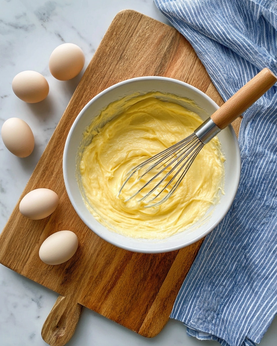 A white bowl sits on a wooden cutting board over a white marbled surface, filled with a single thick layer of creamy yellow mixture being mixed with a metal whisk with a light wooden handle resting inside the bowl; several halved boiled eggs are positioned to the left of the bowl and a blue striped cloth is on the right. Photo taken with an iphone --ar 4:5 --v 7