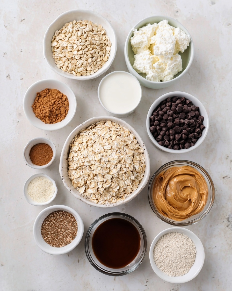The image shows eleven small white bowls arranged on a white marbled surface. In the center, a larger white bowl holds a layer of light tan rolled oats with a rough texture. Surrounding it clockwise from the top left, there is a small white bowl filled with pale beige seeds, a white bowl with thick white cottage cheese showing its soft curds, a small white bowl holding dark brown thick liquid, a tiny white bowl with a similar dark brown liquid but slightly lighter, a clear glass bowl with brown powder, a white bowl holding a creamy light brown peanut butter layer with a smooth, spread texture, a white bowl filled with black chocolate chips showing round, glossy pieces, a white bowl with a smooth white milk layer, a small white bowl containing tiny round beige seeds, and a white bowl with white powder and some coarse grains. photo taken with an iphone --ar 4:5 --v 7