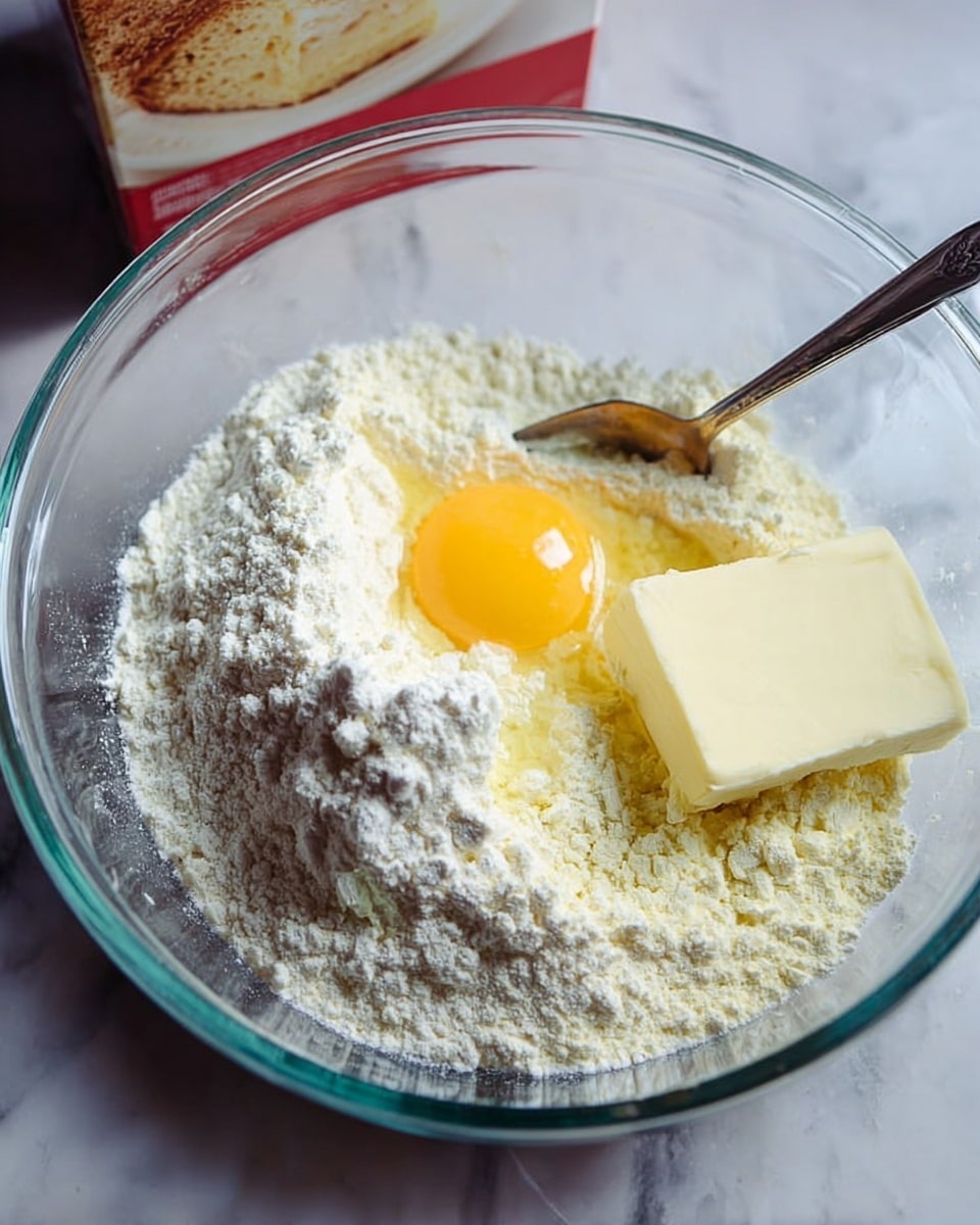 A clear glass bowl sits on a white marbled surface, filled with three main layers: a large mound of white flour as the base, a whole raw egg with a bright yellow yolk resting on the flour near the front, and a thick rectangular piece of pale butter placed slightly to the right side. A silver spoon rests inside the bowl, angled with its handle pointing outward. In the background, a box with a slice of cake image leans against something red, partially visible. Photo taken with an iphone --ar 4:5 --v 7