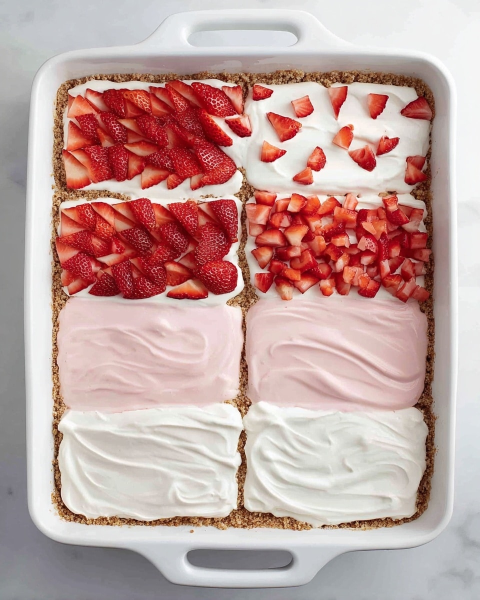 The image shows a white square baking dish with six layers of a dessert shown in a grid of six photos. The first layer is a crumbly, light brown crust filling the dish evenly. The second layer is made of red strawberry slices placed vertically in neat rows covering the dish bottom. The third layer is a smooth, white creamy spread covering the strawberries fully. The fourth layer is a pink creamy spread with a slightly textured top, covering the white layer. The fifth layer is a smooth, white whipped topping with soft swirls from spreading. The sixth and final layer is the same white whipped topping decorated with small, evenly scattered bright red diced strawberries. The dish sits on a white marbled surface. photo taken with an iphone --ar 4:5 --v 7