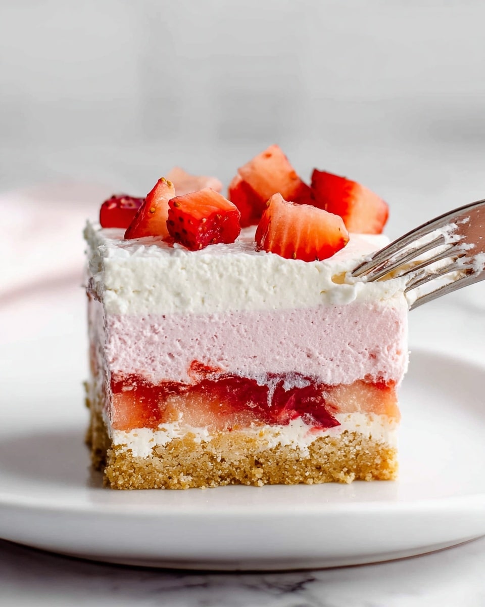 A close-up of a layered dessert square held by a woman's hand using a silver fork, showing four clear layers: a thick, crumbly light brown base at the bottom, a layer of small red strawberry pieces mixed with a creamy white layer above it, a thick smooth pink layer next, and topped with a white creamy layer decorated with small, fresh, glossy red strawberry pieces scattered on top. The dessert is presented on a white marbled surface with more diced strawberries around. Photo taken with an iphone --ar 4:5 --v 7