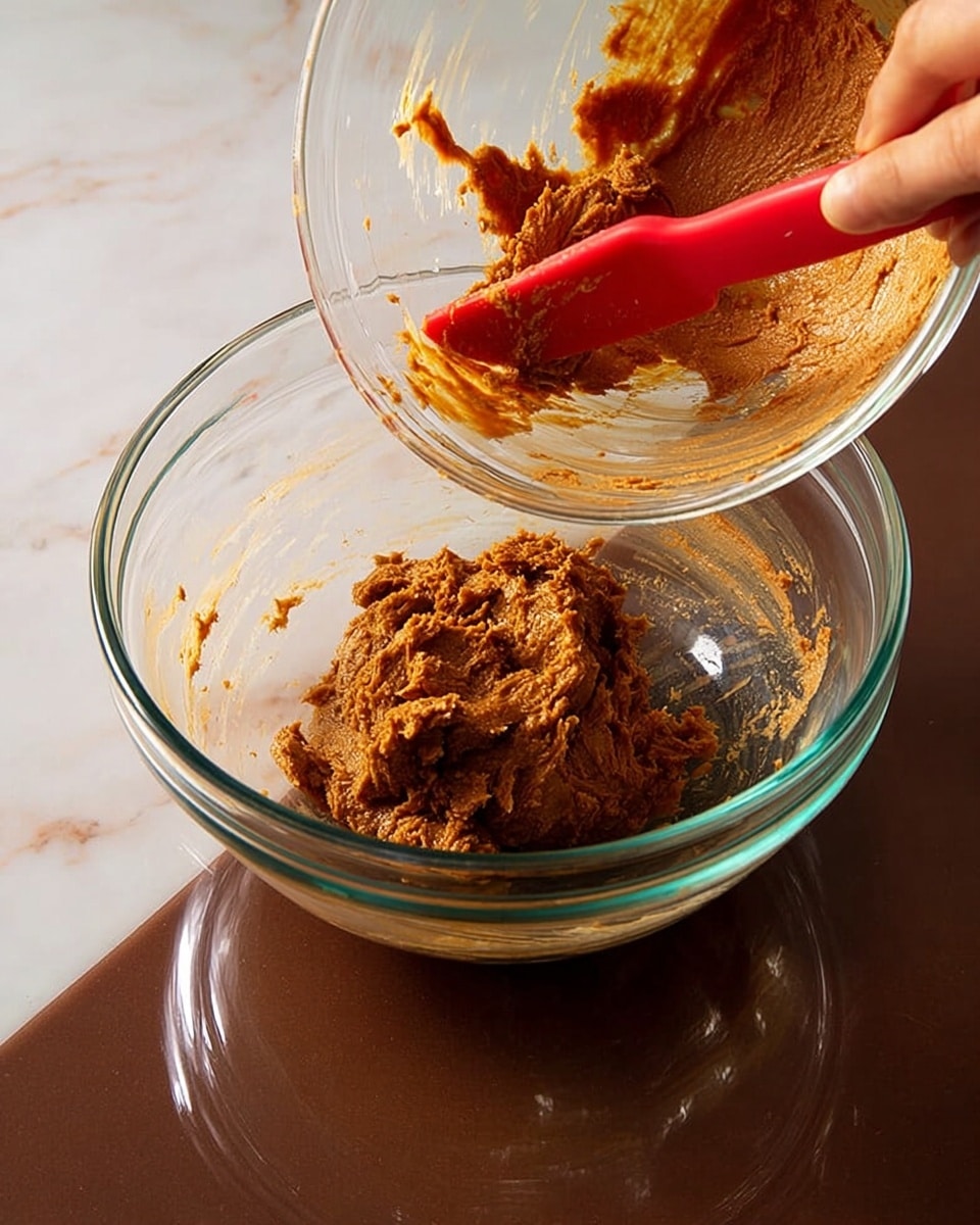 The image shows a clear glass bowl at the bottom holding a chunky, brown mixture with a slightly rough texture, and some of the mixture is being scraped from another clear glass bowl above using a red spatula. A woman's hand holds the top bowl while the spatula is in motion, transferring the mixture. The bowls are placed on a white marbled surface with visible reflections and light spots. The focus is on the texture and color of the brown mixture with a smooth shiny look on the glass bowls. photo taken with an iphone --ar 4:5 --v 7