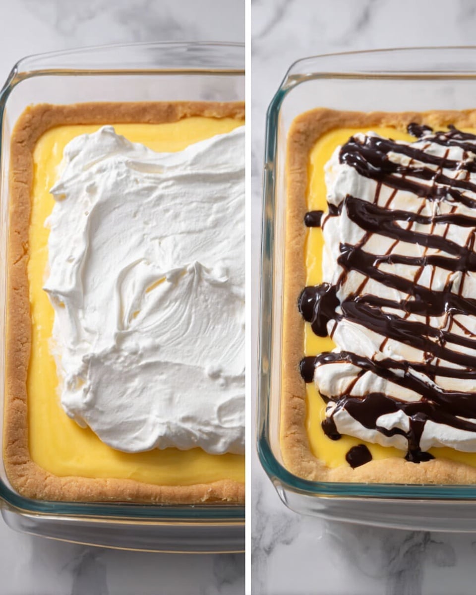 The image shows two views of a square dessert in a clear glass baking dish on a white marbled surface. Both dishes show a thick crust layer in a light golden brown color that rises up the sides. The middle layer is a smooth, creamy yellow filling. The left side shows a thick, fluffy white topping spread evenly on the filling. The right side shows the same white topping, but it has dark chocolate syrup drizzled in loose diagonal lines across the top. The textures show a mix of soft creamy and firm crust, with the chocolate syrup adding a shiny dark contrast. photo taken with an iphone --ar 4:5 --v 7