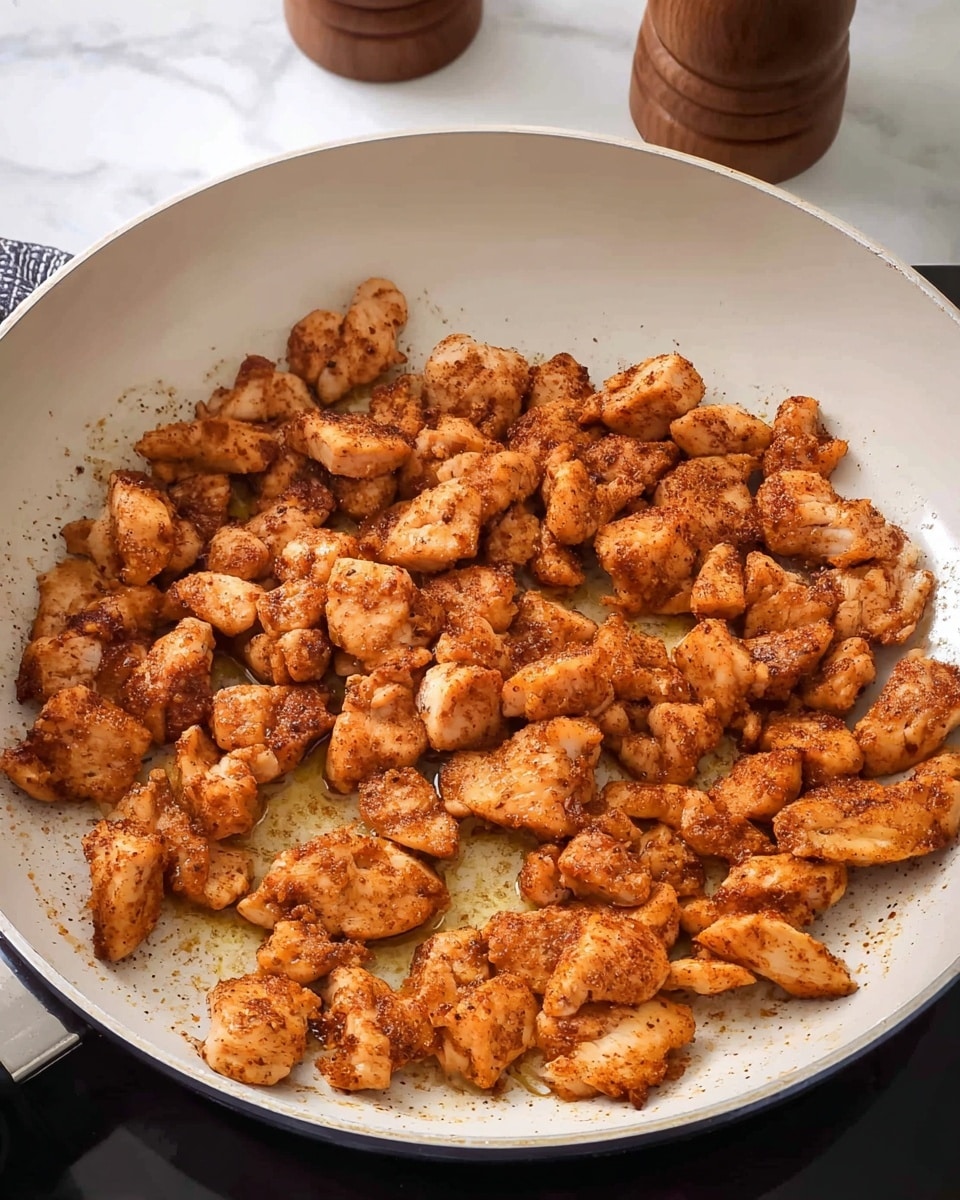 The image shows a white frying pan filled with small pieces of cooked chicken seasoned with a reddish-brown spice mix. The chicken pieces are placed mostly in the center and left side of the pan, showing a slightly browned and crispy texture with some oil visible around them. The background includes a white marbled surface, and two wooden pepper mills are slightly blurred in the back. photo taken with an iphone --ar 4:5 --v 7