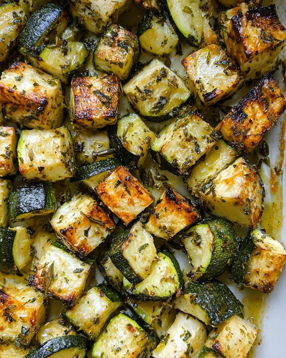 The image shows pieces of roasted zucchini with a mix of green skin and soft, light yellow inside. The zucchini chunks appear uneven, some with a round shape and others more square. Each piece is cooked with a golden brown, slightly crispy outer layer that has small dark green herb bits scattered all over. The texture looks soft inside but with a crunchy, cooked outside and they are packed closely together. The photo taken with an iphone --ar 4:5 --v 7