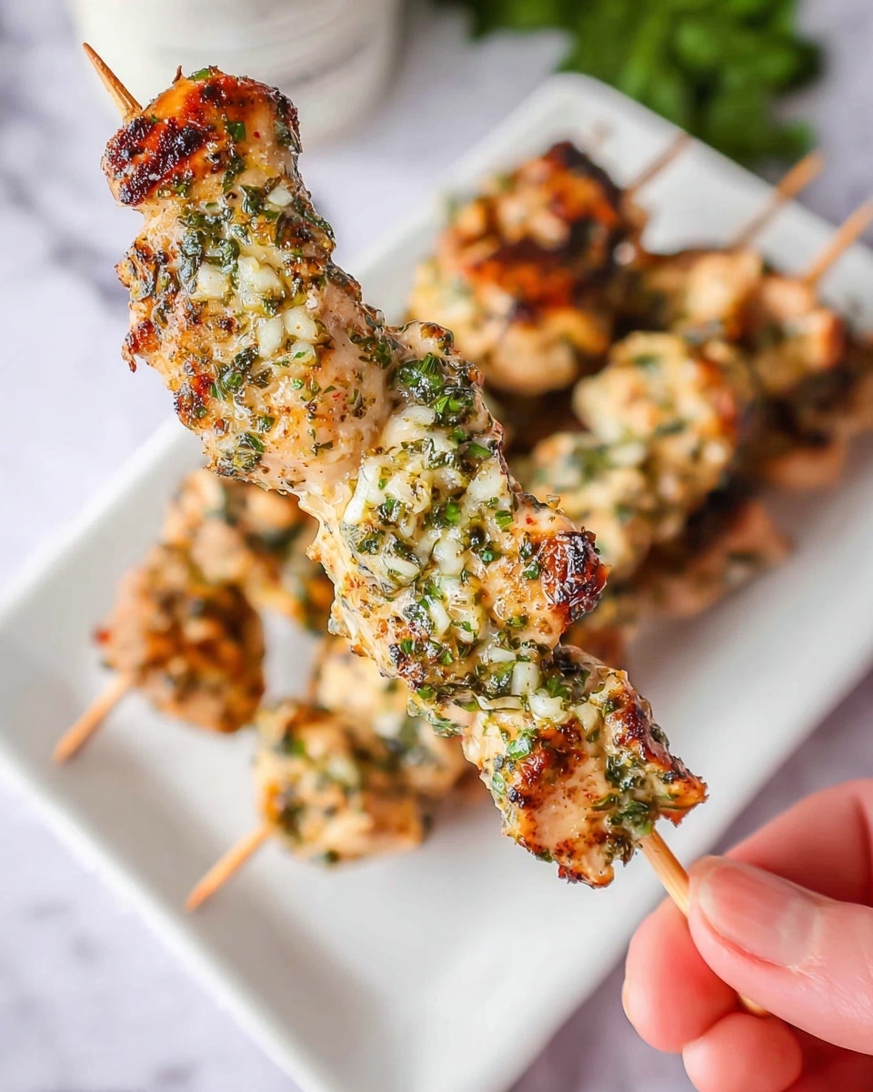 A close-up of a skewer with three pieces of grilled chicken covered in a green herb and garlic sauce that adds texture and specks of green and white, the chicken pieces have a light golden-brown color with some slightly darker grilled spots; in the background, a white plate with more skewers is visible, all placed on a white marbled surface. A woman's hand is holding the skewer at the bottom edge of the image. Photo taken with an iphone --ar 4:5 --v 7