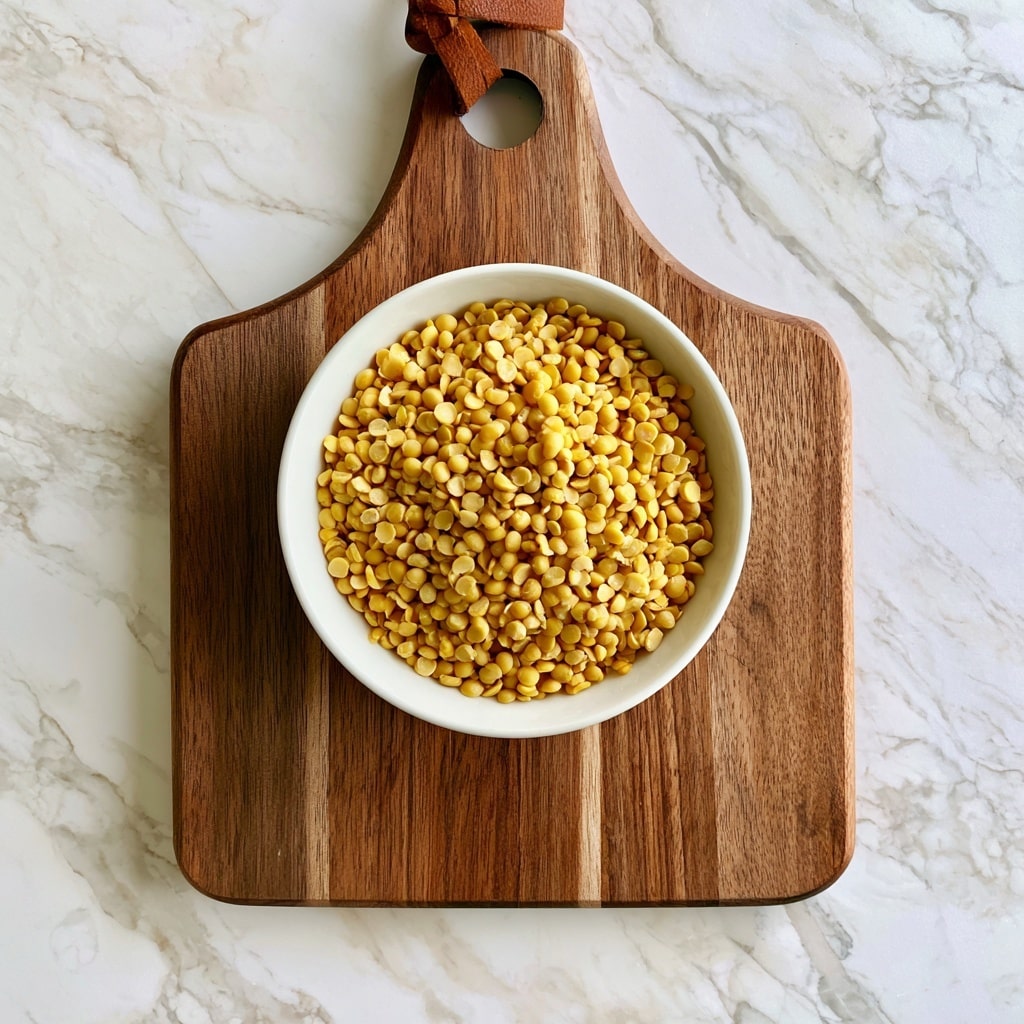 A white bowl filled with light yellow split soybeans sits on the lower part of a wooden cutting board with a leather strap loop at the top. Above it on the board is a small white dish filled with a clear liquid labeled “vinegar” on the left, and a wooden spoon holding a small amount of white powder labeled “tempeh starter” on the right. The whole arrangement is placed on a white marbled surface. photo taken with an iphone --ar 4:5 --v 7