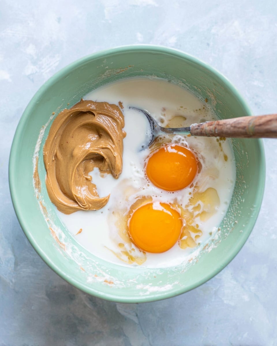 A light green mixing bowl sits on a white marbled surface, holding two bright orange egg yolks surrounded by clear egg whites resting in a layer of white milk. On the left side of the bowl, there is a swirling dollop of light brown peanut butter with a smooth texture. A silver spoon with a wooden handle is partially submerged, leaning towards the top right inside the bowl. Photo taken with an iphone --ar 4:5 --v 7